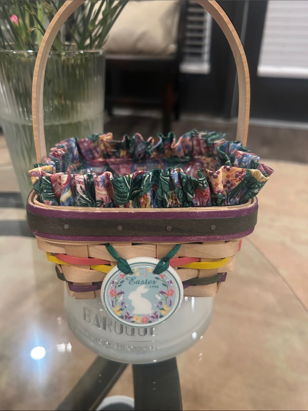 Longaberger Multicolor Woven 1998 Mini Basket with Floral Fabric Liner